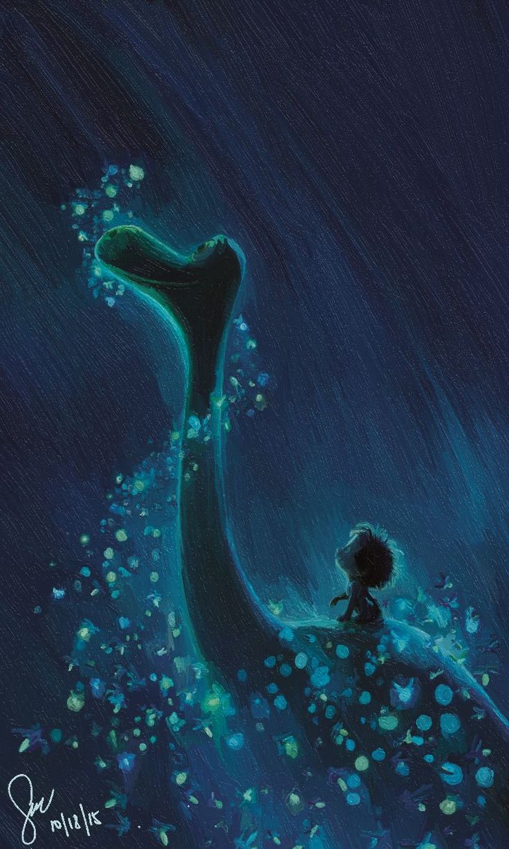 a painting of a boy sitting in the water next to a large dinosaur that has bubbles all over it's body