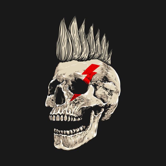 a skull with mohawk hair and a red lightning bolt on it's forehead, in front of a black background