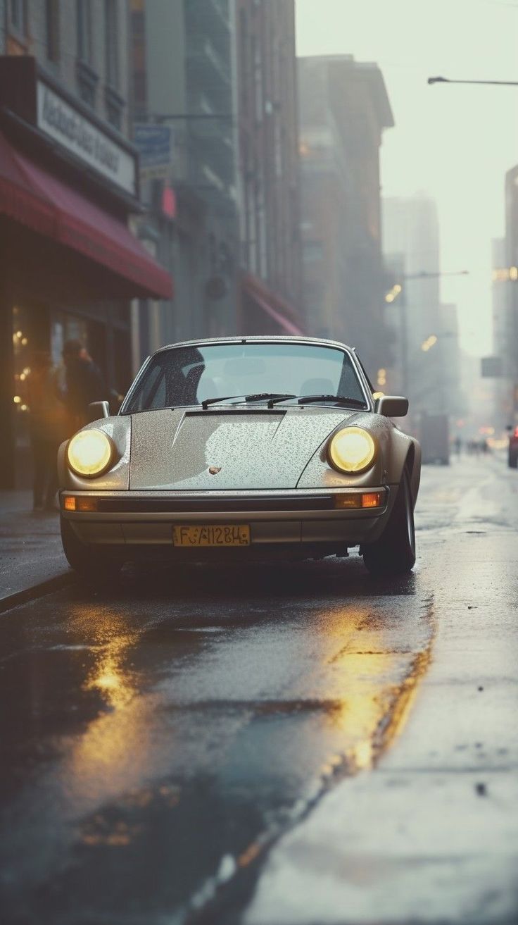 a car that is sitting in the street with its lights on and rain coming down