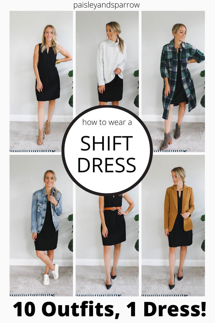 How to wear a shift dress - here are 10 different ways to wear a simple black dress. Work wear, date night, casual, and more! Tips for styling this basic outfit. How To Wear 1 Dress 10 Ways, Ways To Wear A Dress In Winter, Casual Tshirt Dress Outfits, Black Dress Outfit Fall Casual, Black Dress With Jean Shirt, Tshirt Dress Work Outfit Business Casual, Casual Work Dress Outfit, Black Shift Dress Outfit Winter, Tank Dress Winter Outfit