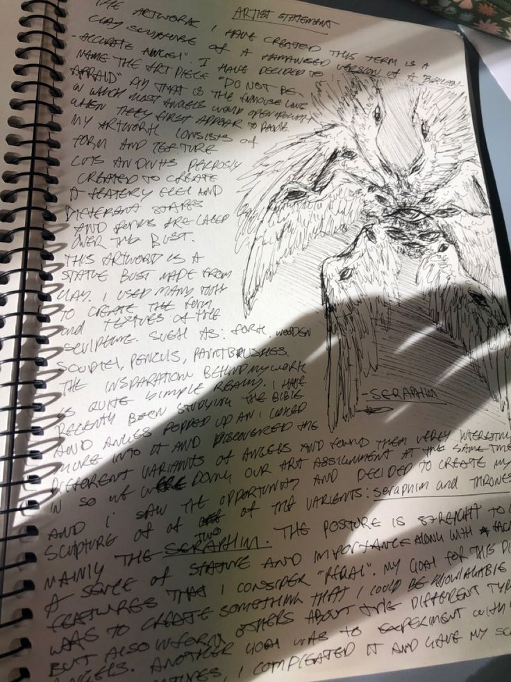 an open notebook with writing on it and a drawing of a bird in the middle