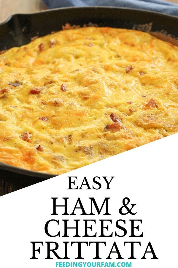 an easy ham and cheese frittata in a cast iron skillet