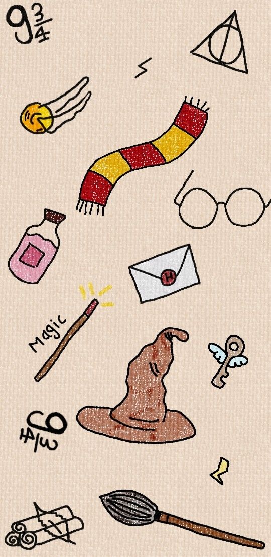 harry potter's hat, glasses and other items are drawn in colored pencils