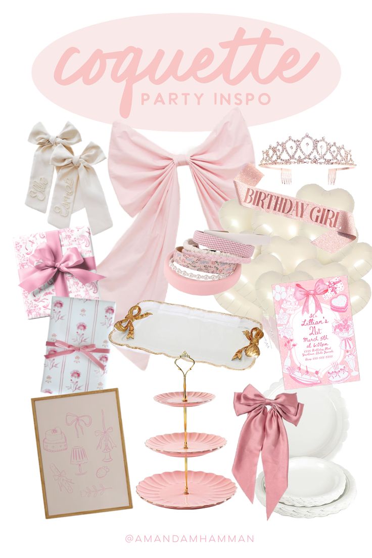 a collage of pink and white items with the words coquette party inspo