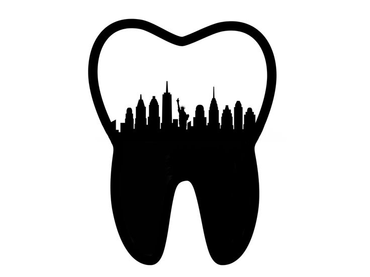 a black and white silhouette of a tooth with buildings in the city on it's teeth