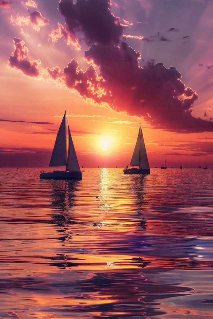 two sailboats are sailing in the ocean as the sun goes down over the horizon