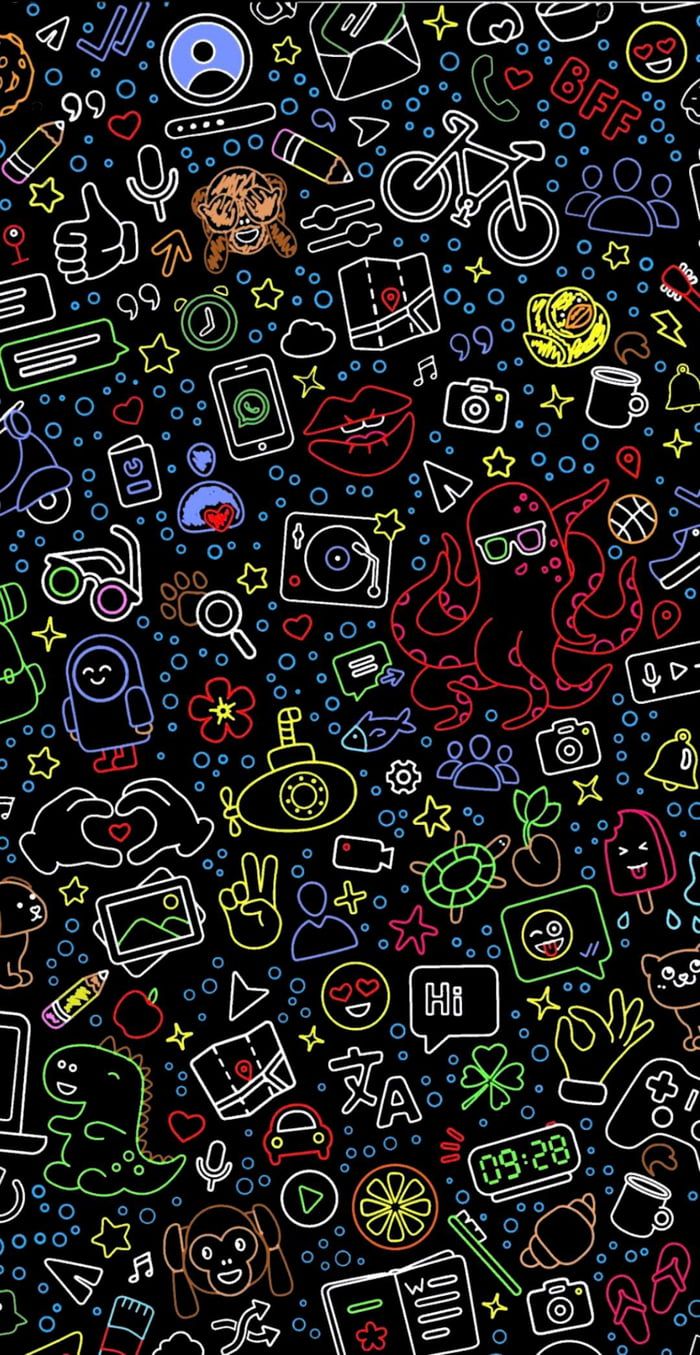 a black background with colorful doodles on it
