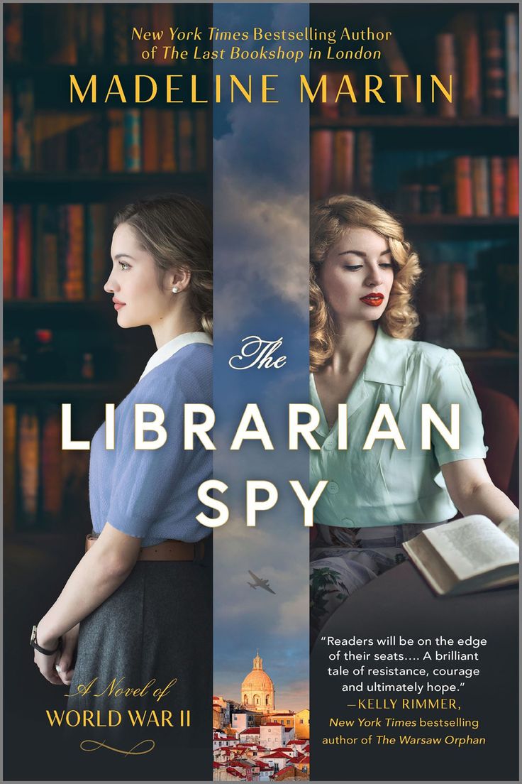 the librarian spy book cover with two women standing in front of bookshelves and an airplane