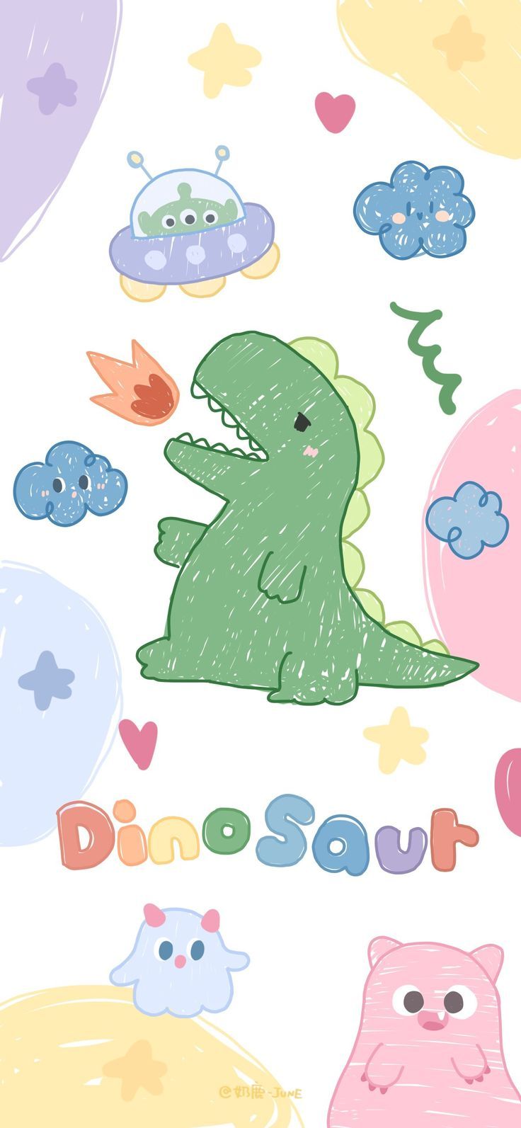 a drawing of a dinosaur surrounded by other cartoon animals and clouds in pastel colors