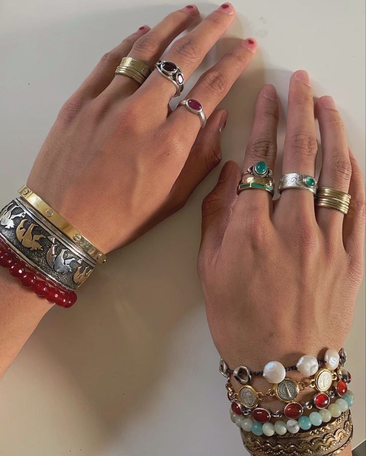 Mixed Metal Piercings, Mixed Metal Rings On Hand, Gold And Silver Rings Mixed On Hand, Mixed Metal Bracelet Stack, Gold Silver Jewelry Mix Jewellery, Mixed Metal Jewelry Layering, Mixed Metal Ring Stack, Silver And Gold Jewelry Mixing, Rowena Macleod