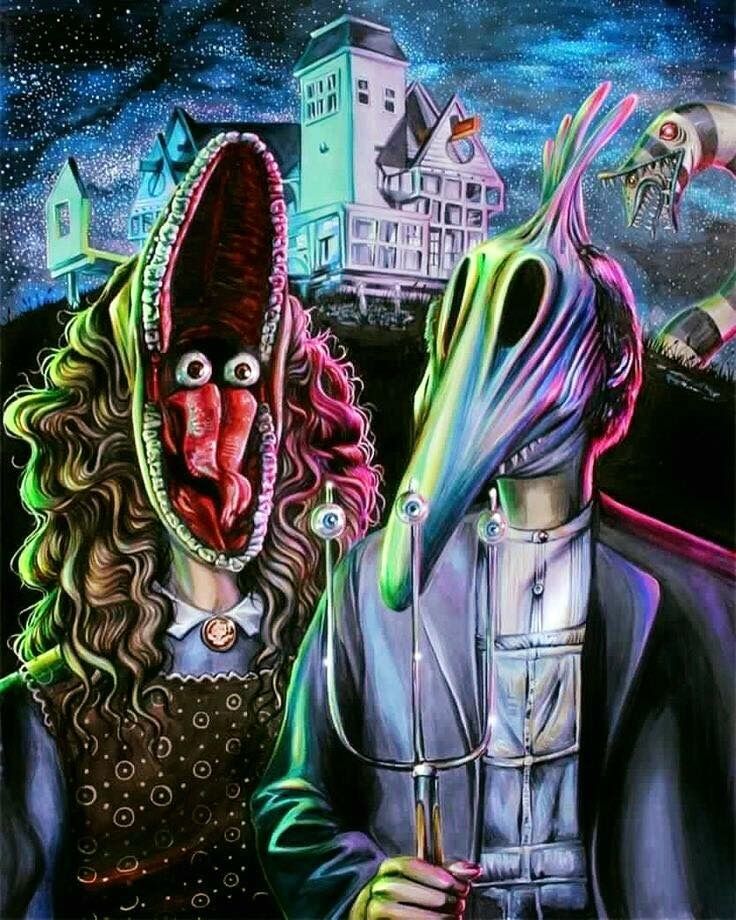 a painting of two people dressed as creepy clowns