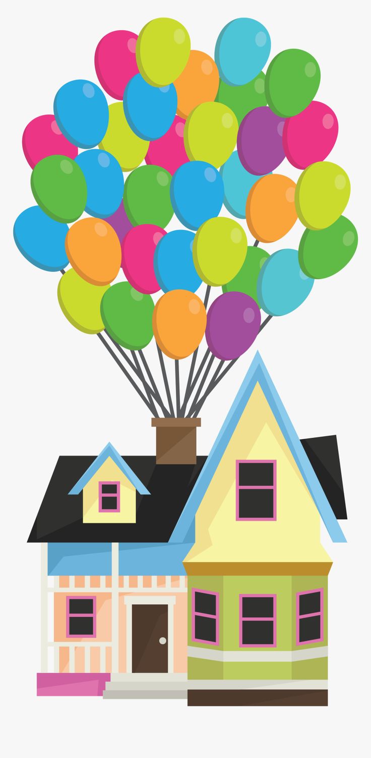 a house with balloons flying over it on the roof and in the front, there is a