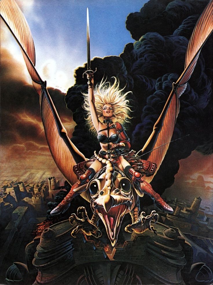 the poster for heavy metal, featuring a woman with two swords and an elaborate mask on her head