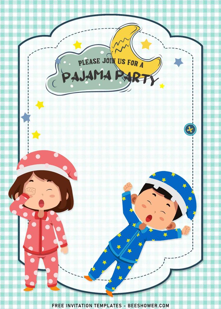 two children in pajamas and hats with the words please join us for a pajamas party