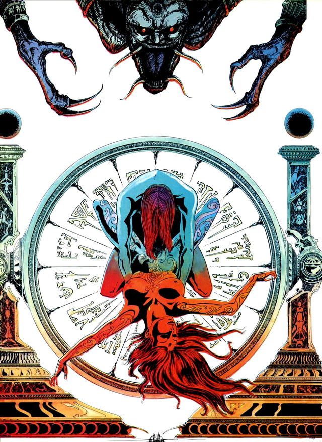 an image of a woman surrounded by demonic creatures and clock dials in the background