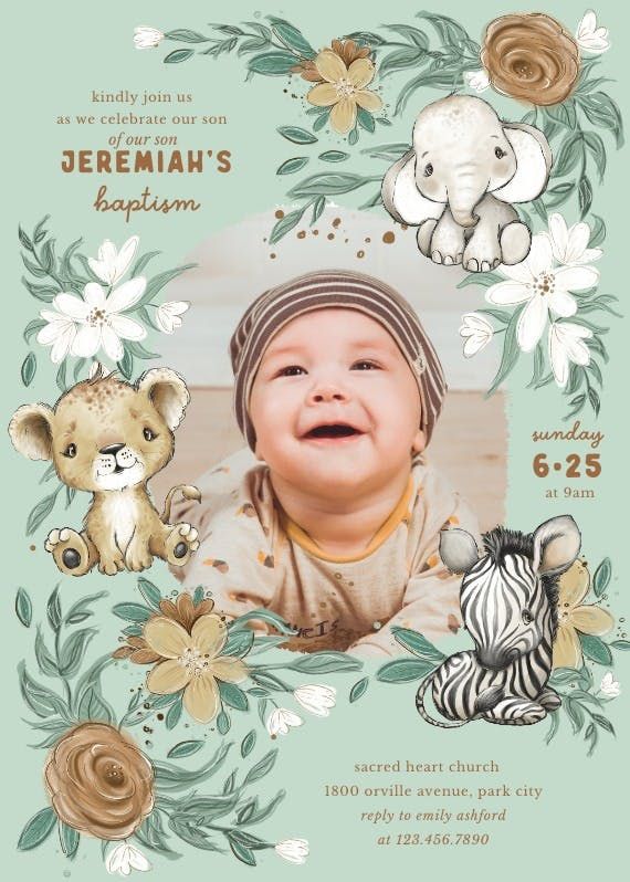 a baby boy is smiling and surrounded by flowers, zebras and other animals on a blue background