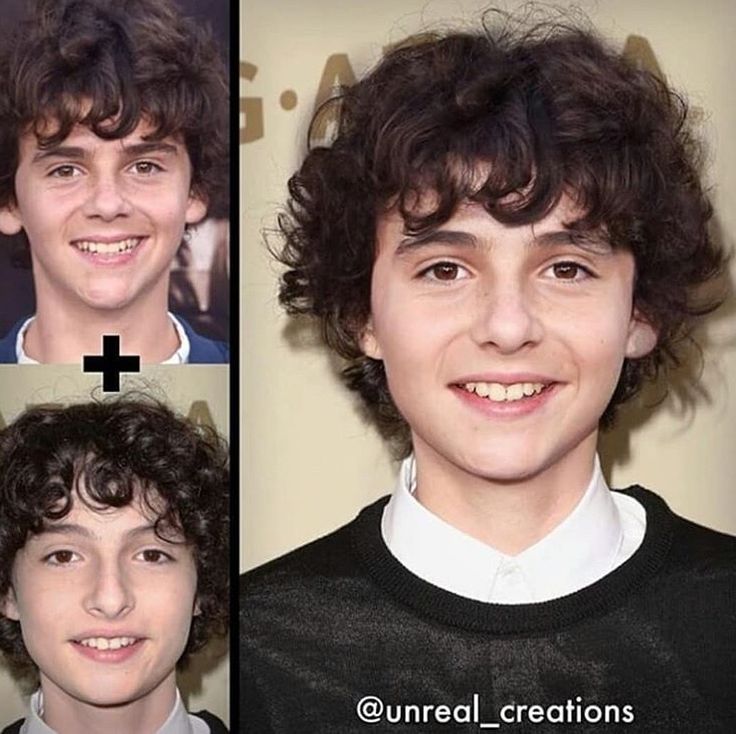 three different pictures of a young man with curly hair and wearing a black shirt, smiling at the camera