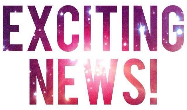 the words exciting news are shown in red and purple letters on a white background with stars