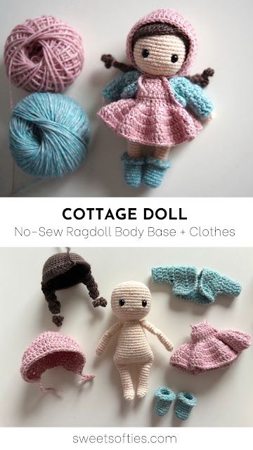 crocheted doll and baby clothes with text that reads cottage doll no sew ragoli body base + clothes