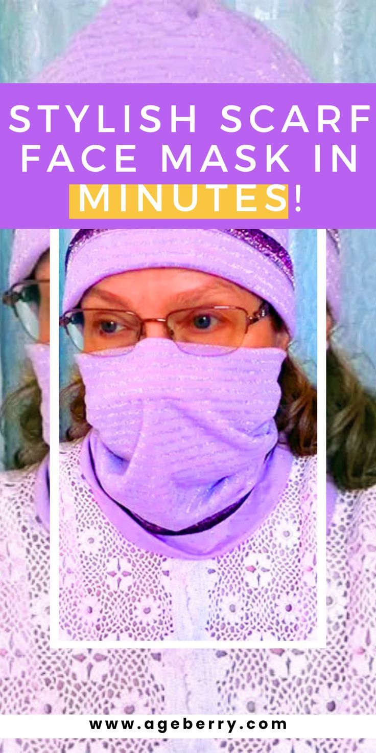 a woman wearing a purple scarf with the words stylish scarf facemask in minutes