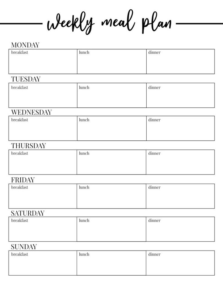 the weekly meal plan is shown in black and white