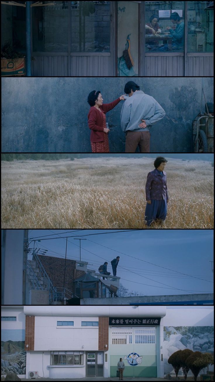 four different scenes from the same film, each showing two people standing in front of a building