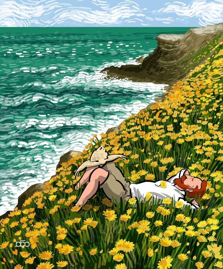 a painting of a man laying on the ground next to water and yellow flowers in front of him