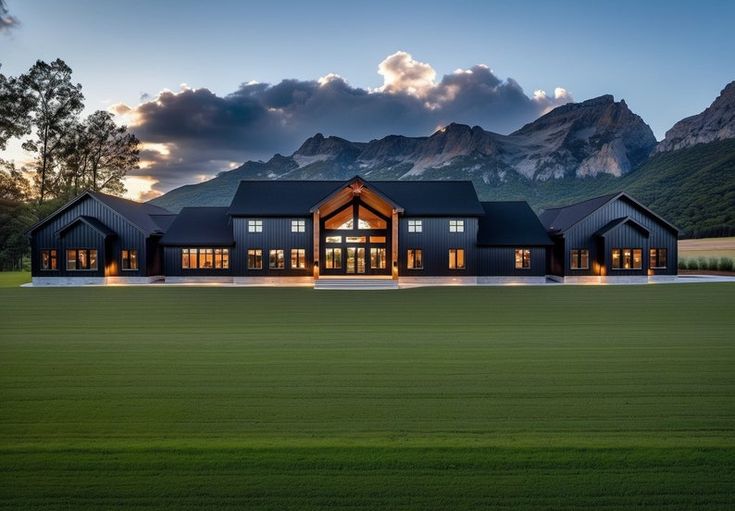 a large house in the middle of a green field with mountains in the back ground