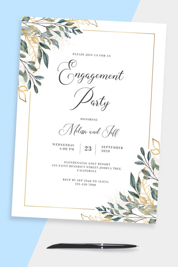 an elegant graduation party card with greenery and gold foil on the front, in black ink