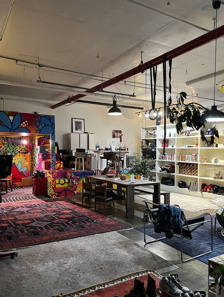 a room filled with lots of furniture next to a book shelf covered in books and plants