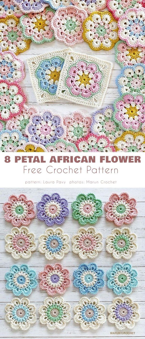 crochet flower patterns with the text 8 petal african flower free crochet pattern