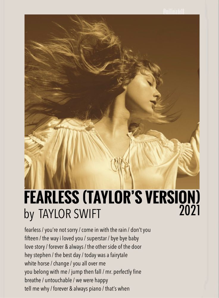 the poster for fearless taylor's version - taylor swift from the vault, featuring an image of a woman with her hair blowing in the wind