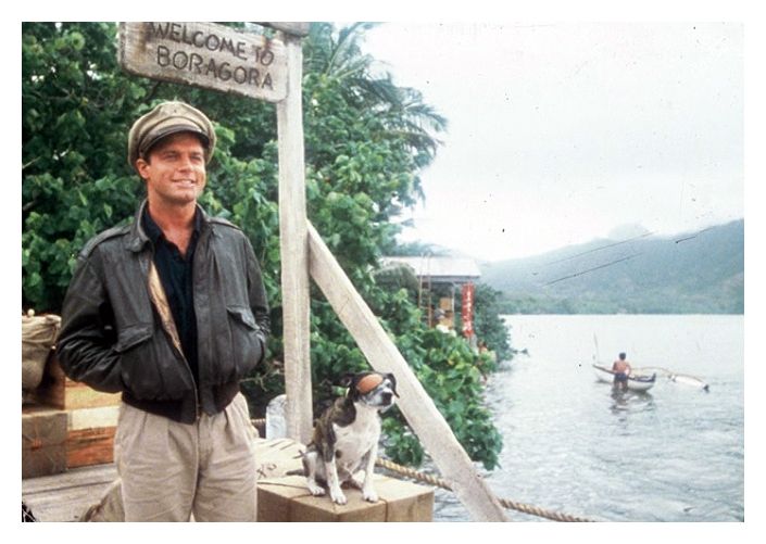 a man standing next to a dog on a dock