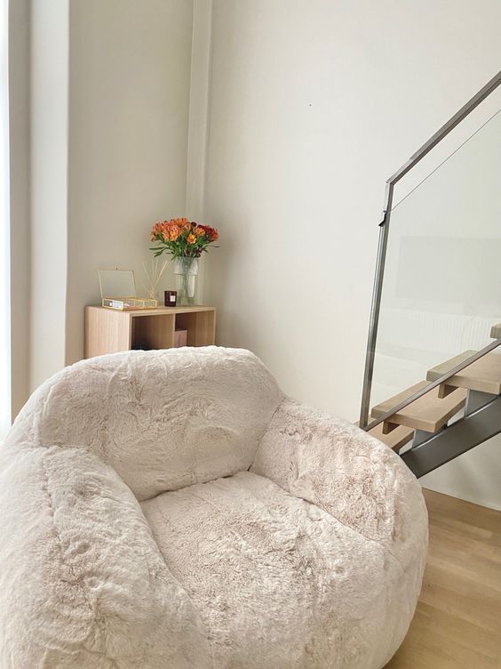 home decor, bean bag chair, minimalist aesthetic, room decor, soft couch, home furniture, fleece furniture, winter chair Bedrooms Chairs Ideas, Cool Comfy Bedroom Ideas, Couch Small Bedroom, Fun Comfy Chairs, Aesthetic Chairs For Bedroom, Bedroom Couches Small, Chair Astethic, Comfy Armchair Cozy Corner, Boho Comfy Chair