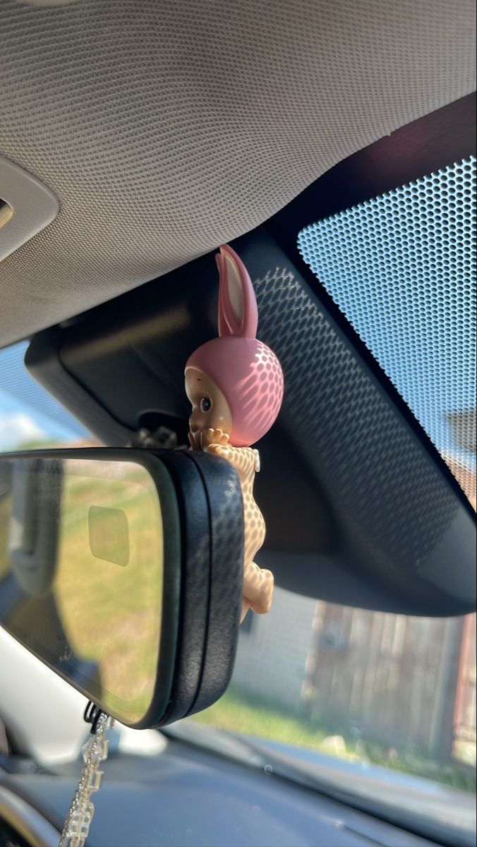 a car mirror with a stuffed animal hanging from it's side view mirror
