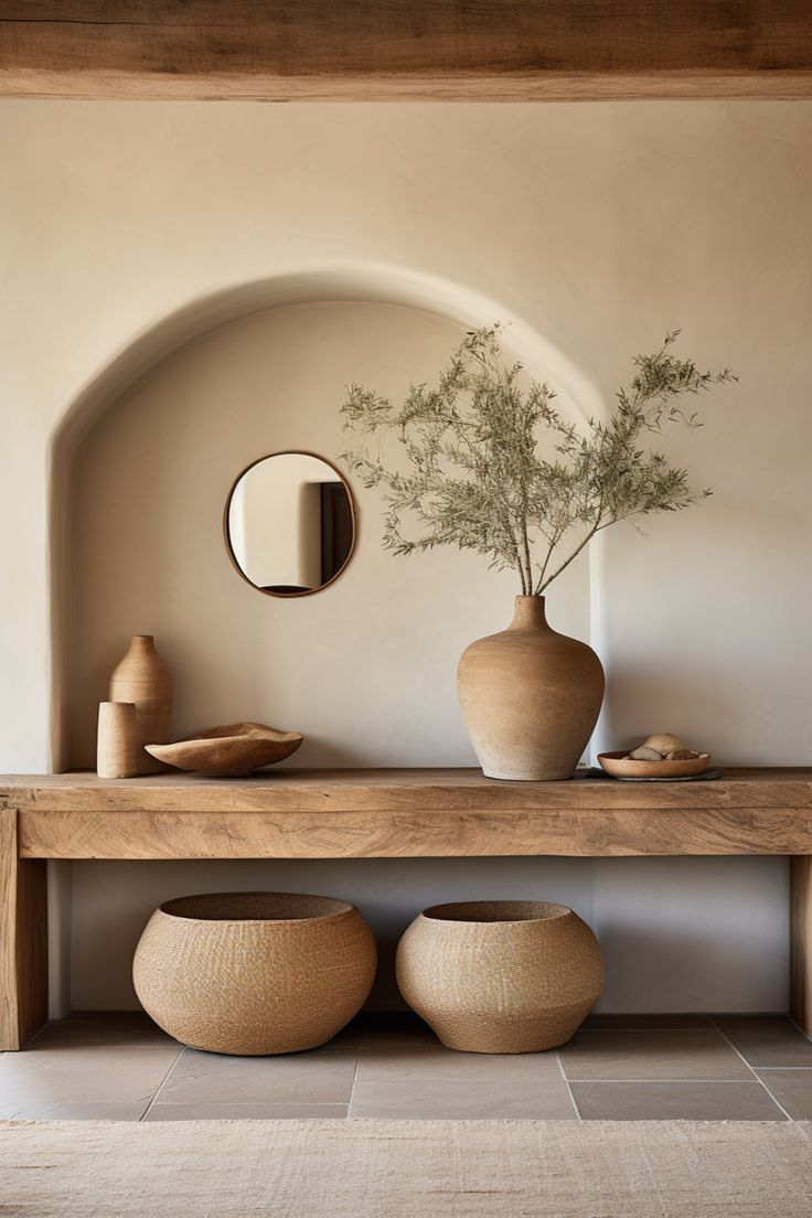 a wooden table with two vases on it and a mirror in the corner behind it