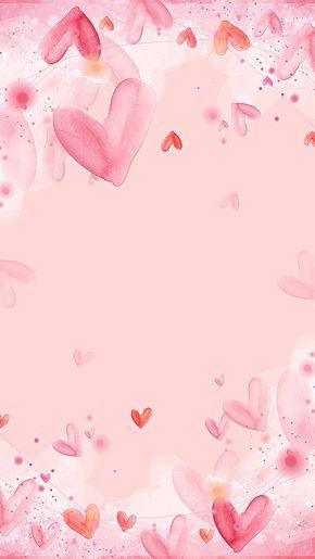 a pink background with lots of hearts in the center and watercolor paint on it