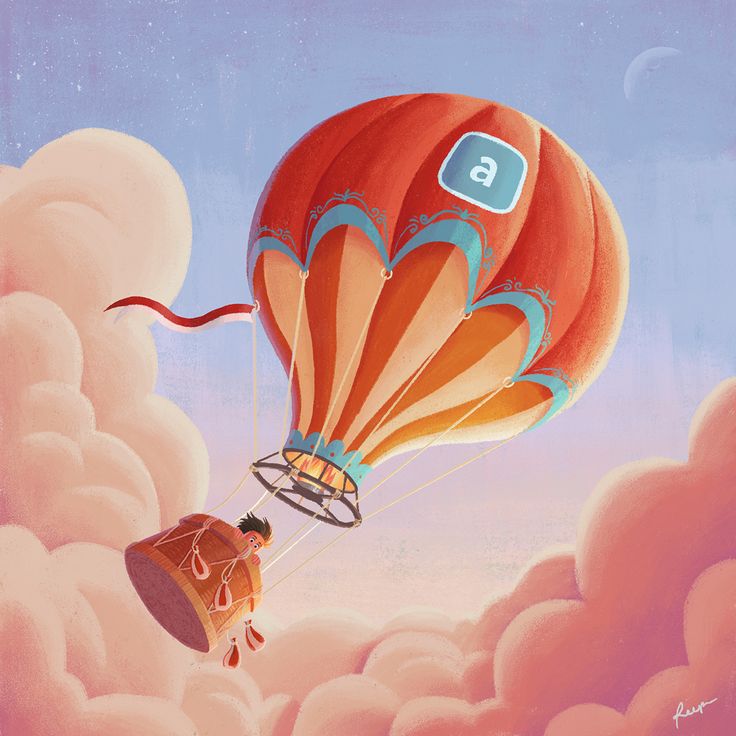 a painting of a hot air balloon flying through the sky with a person inside it