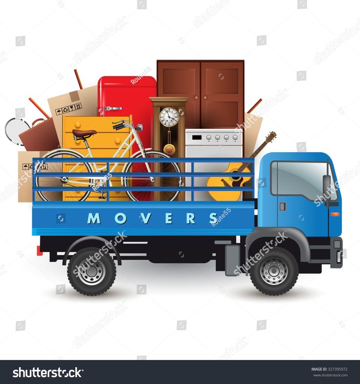 a blue moving truck filled with boxes and bicycles on the back, isolated against a white background