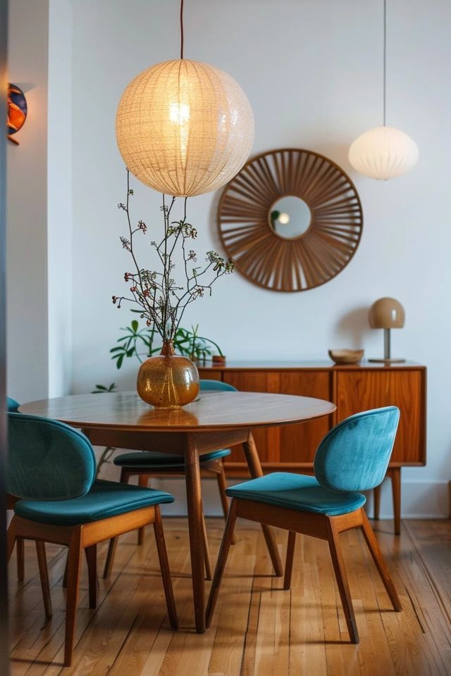 a dining room table with blue chairs and a round wooden table in front of it