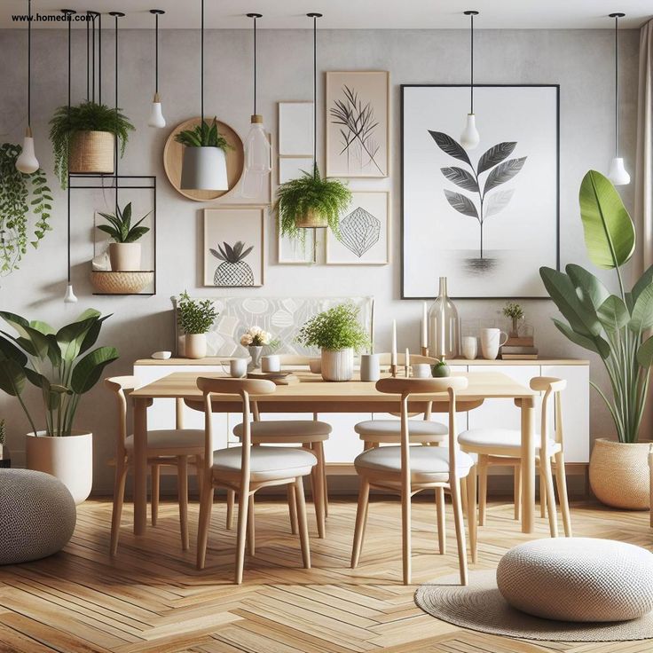 a dining room table surrounded by potted plants and hanging planters on the wall