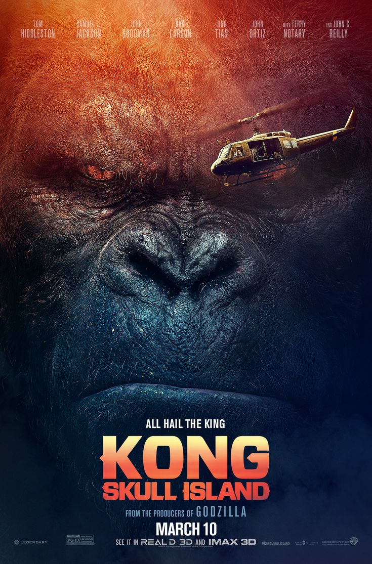 the poster for kong kong skull island starring king kong and his helicopter flying over him