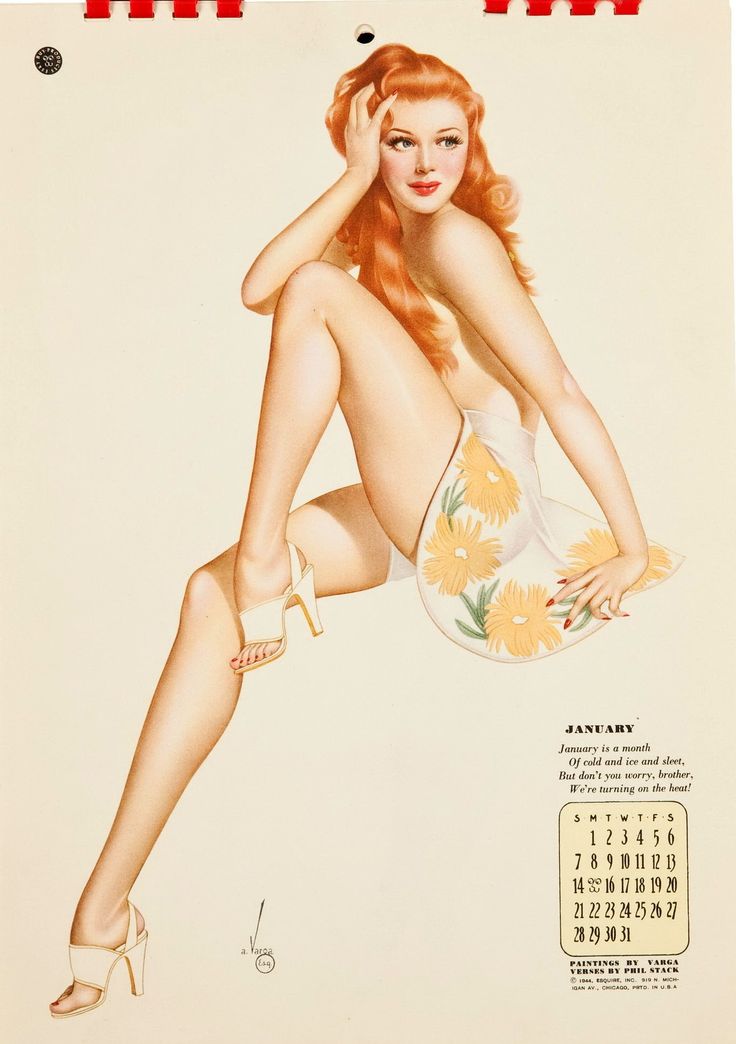 a woman with red hair and yellow flowers on her body is sitting in front of a calendar