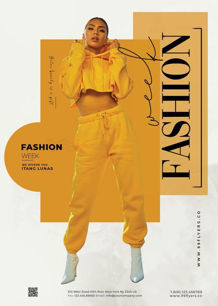 an advertisement for fashion week featuring a woman in yellow sweatpants and white sneakers, with the words fashion week written on it