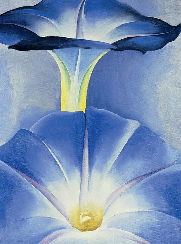 an abstract painting of blue flowers with yellow stamens on the center and bottom