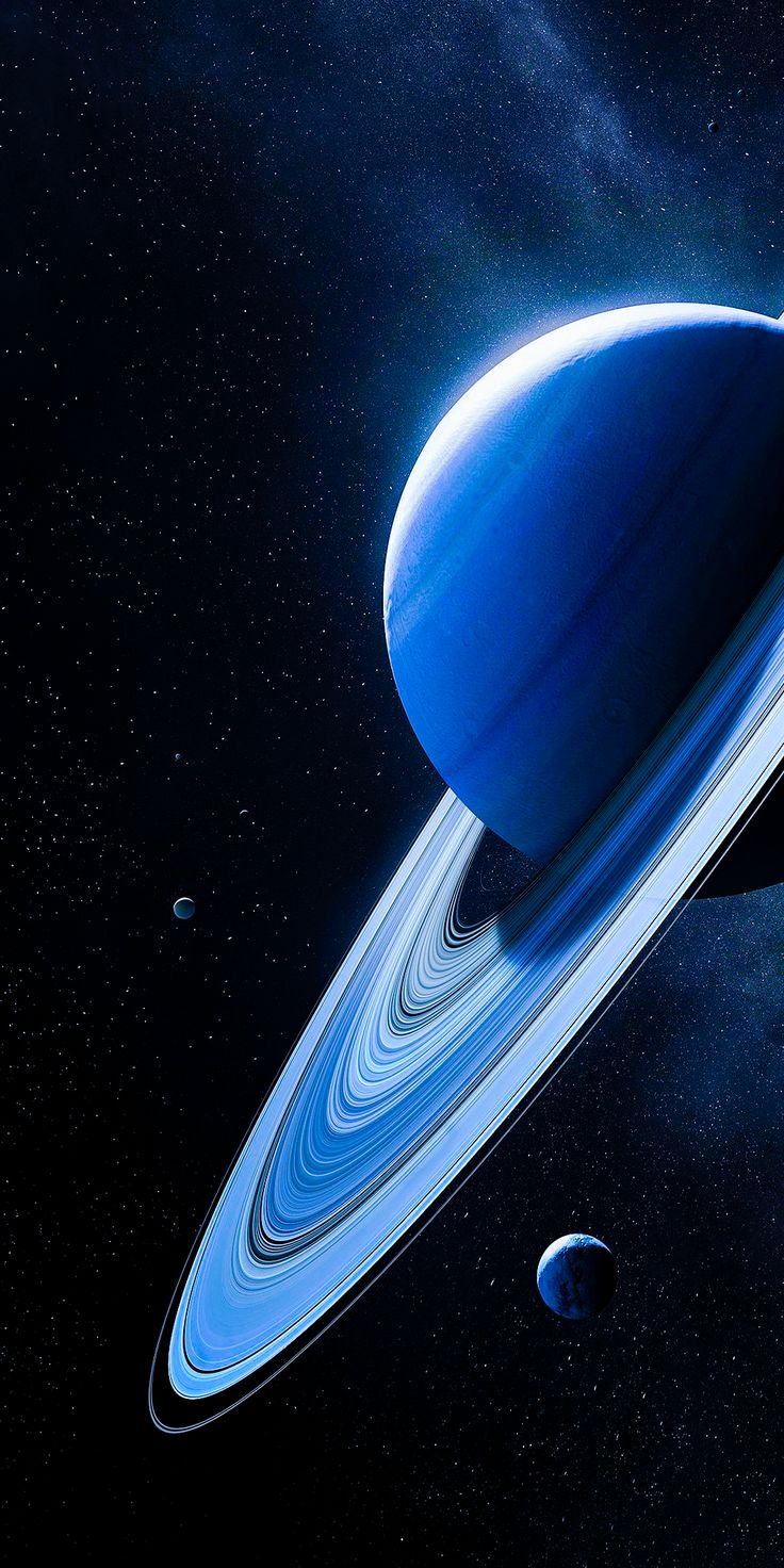 an artist's rendering of the planet saturn with its rings and two planets in the background