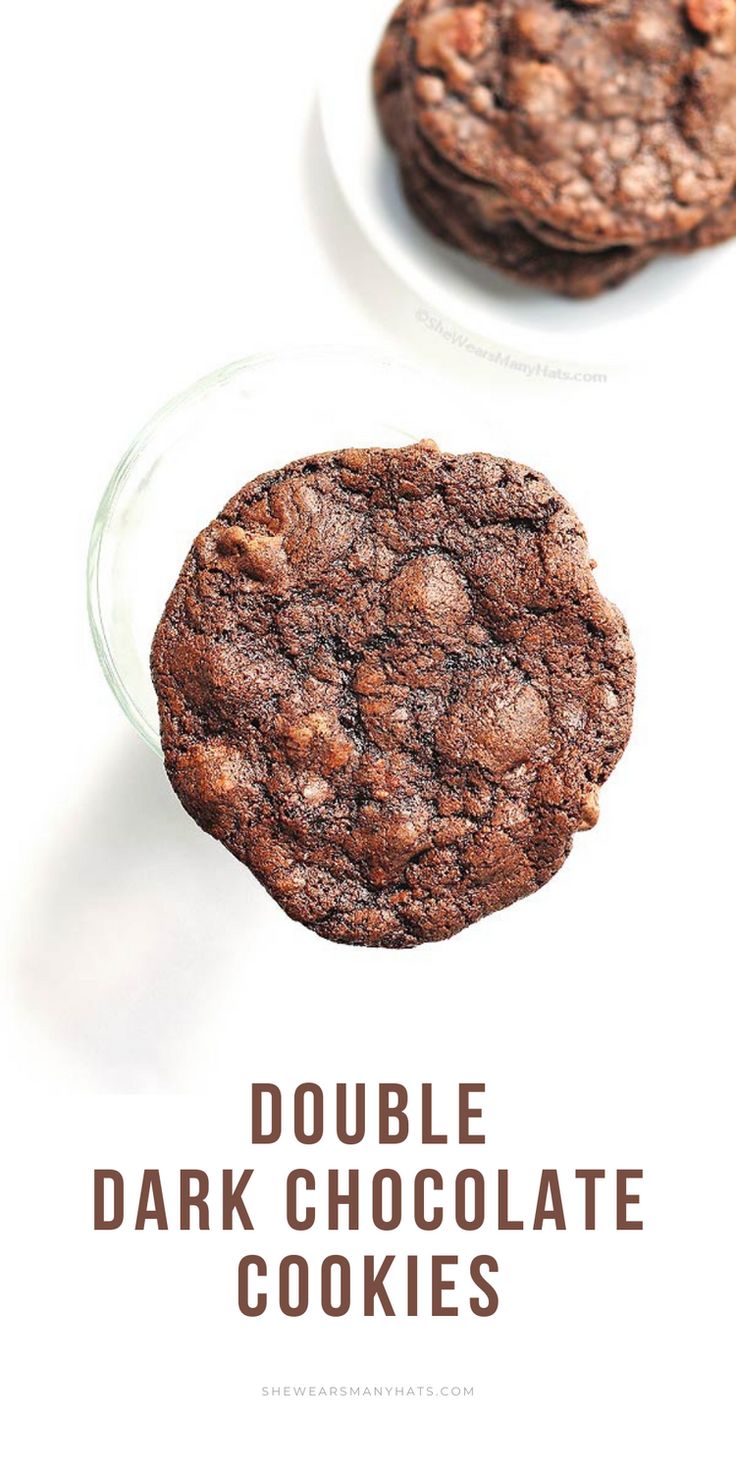 double dark chocolate cookies on a plate with the words double dark chocolate cookies above them