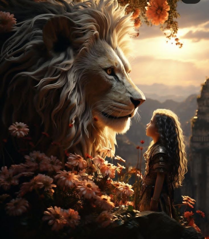 the lion and the princess are looking at each other
