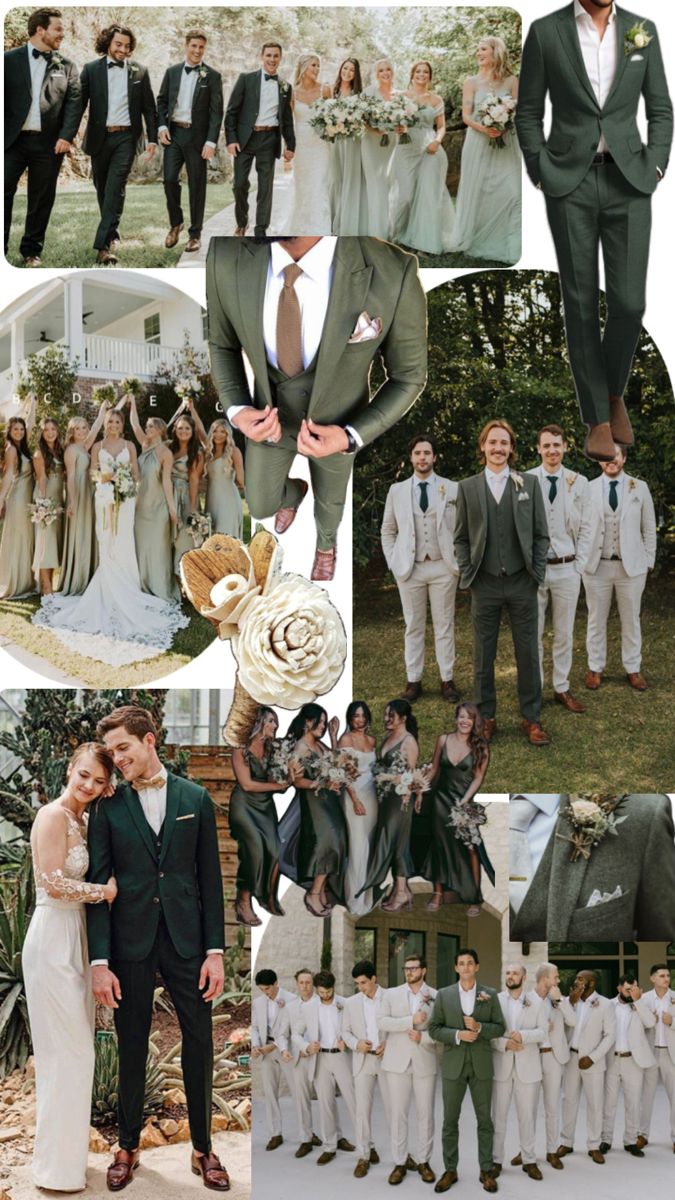 a collage of people dressed in white and green wedding attire, including grooms