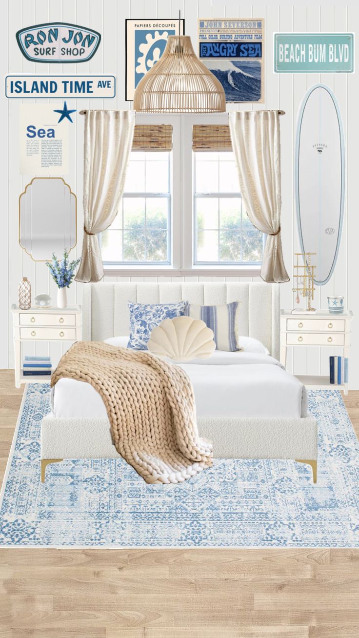 the bedroom is decorated in blue and white